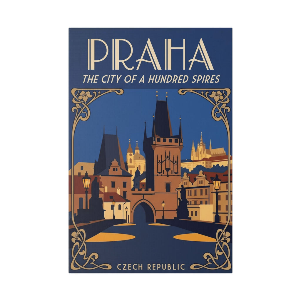 Praha Vintage Travel Canvas — "The City of a Hundred Spires" Stretched Wall Art