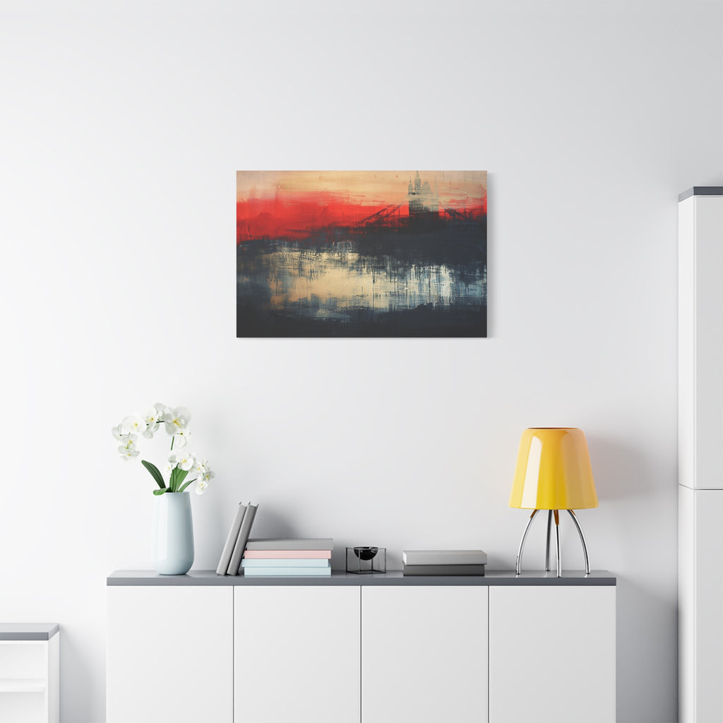 Abstract London Bridge Canvas Wall Art – Red & Navy Stretched Painting