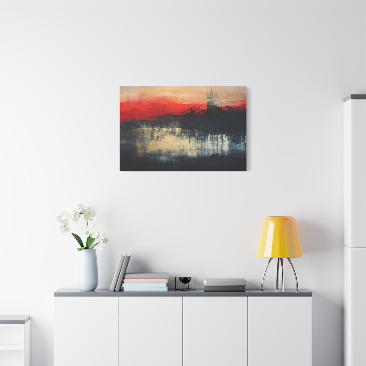 Abstract London Bridge Canvas Wall Art – Red & Navy Stretched Painting