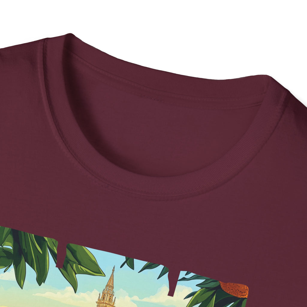 Valencia vintage travel postcard T-Shirt | Spain city skyline, oranges, palm leaves