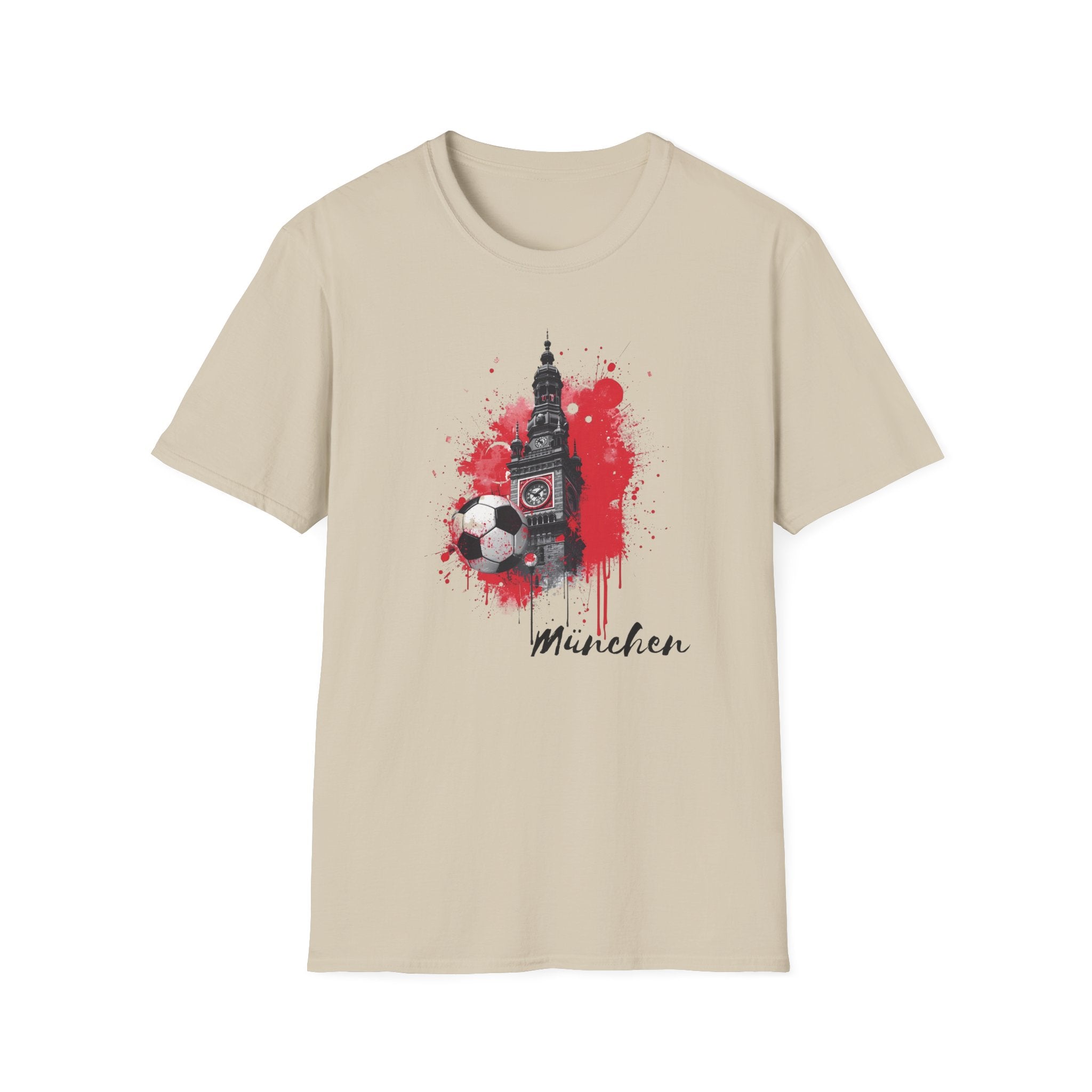 Munich Football Illustration T-Shirt | Soccer Ball, Clock Tower, Red Paint Splatter