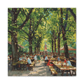 Biergarten Canvas Wall Art — Sunny Tree-Lined Outdoor Market Scene