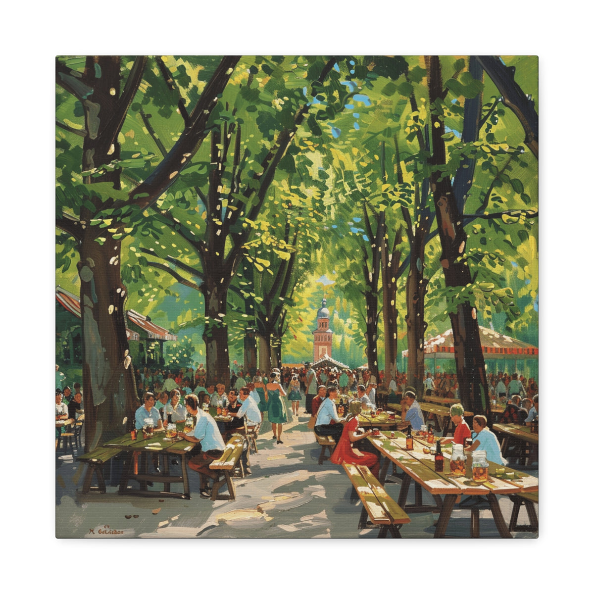 Biergarten Canvas Wall Art — Sunny Tree-Lined Outdoor Market Scene
