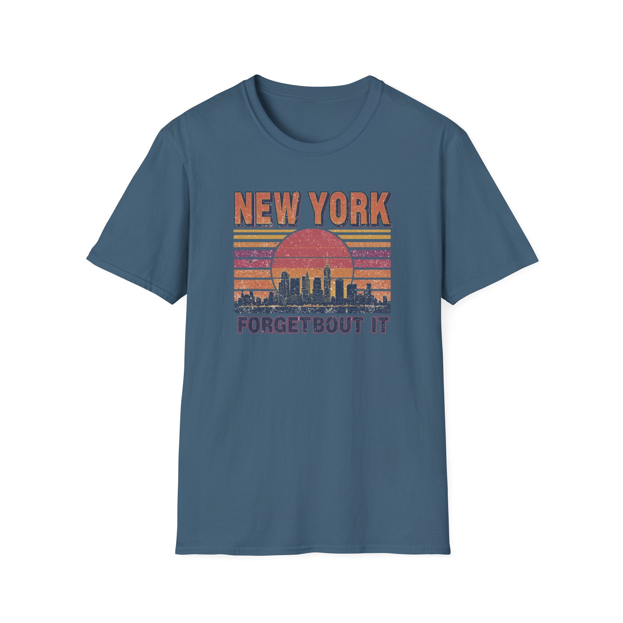 New York Skyline T‑Shirt – “Forgetbout It” Vintage Sunset Tee