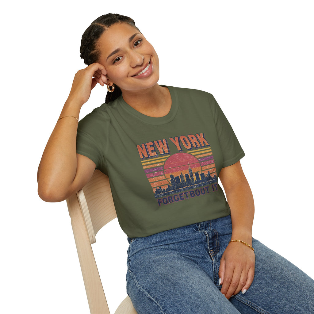 New York Skyline T‑Shirt – “Forgetbout It” Vintage Sunset Tee