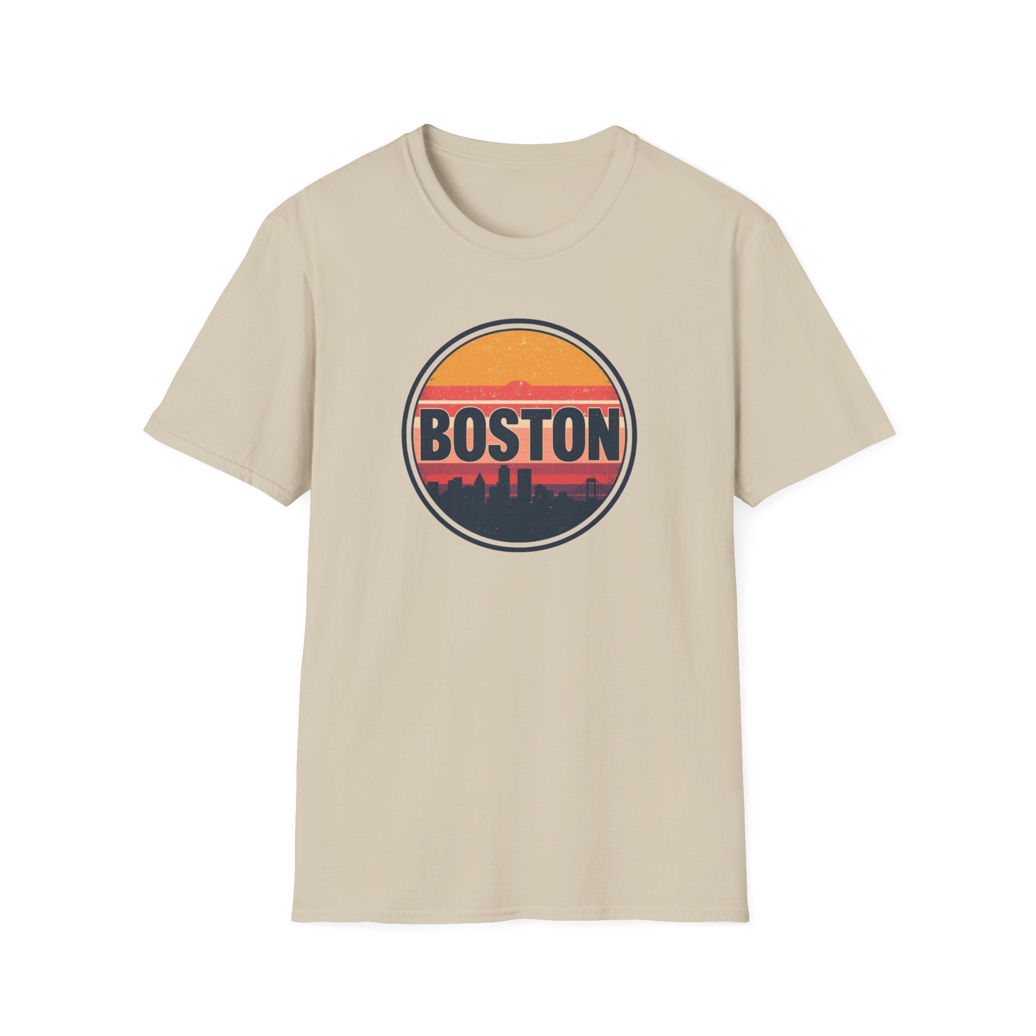 Boston Skyline Circle T‑Shirt — Retro Sunset City Graphic