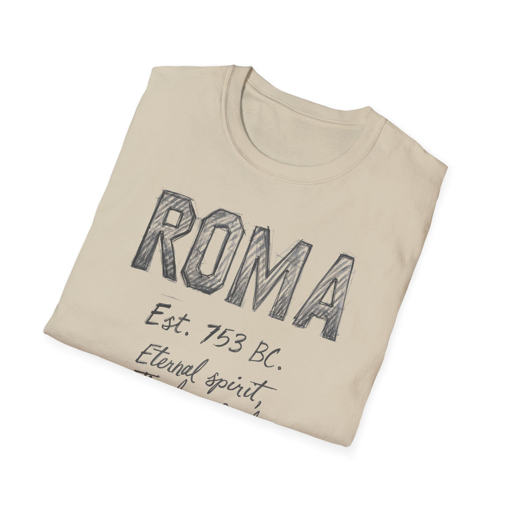 Roma Vintage Script T-Shirt — 'Roma Est. 753 BC, Eternal spirit, Timeless soul'