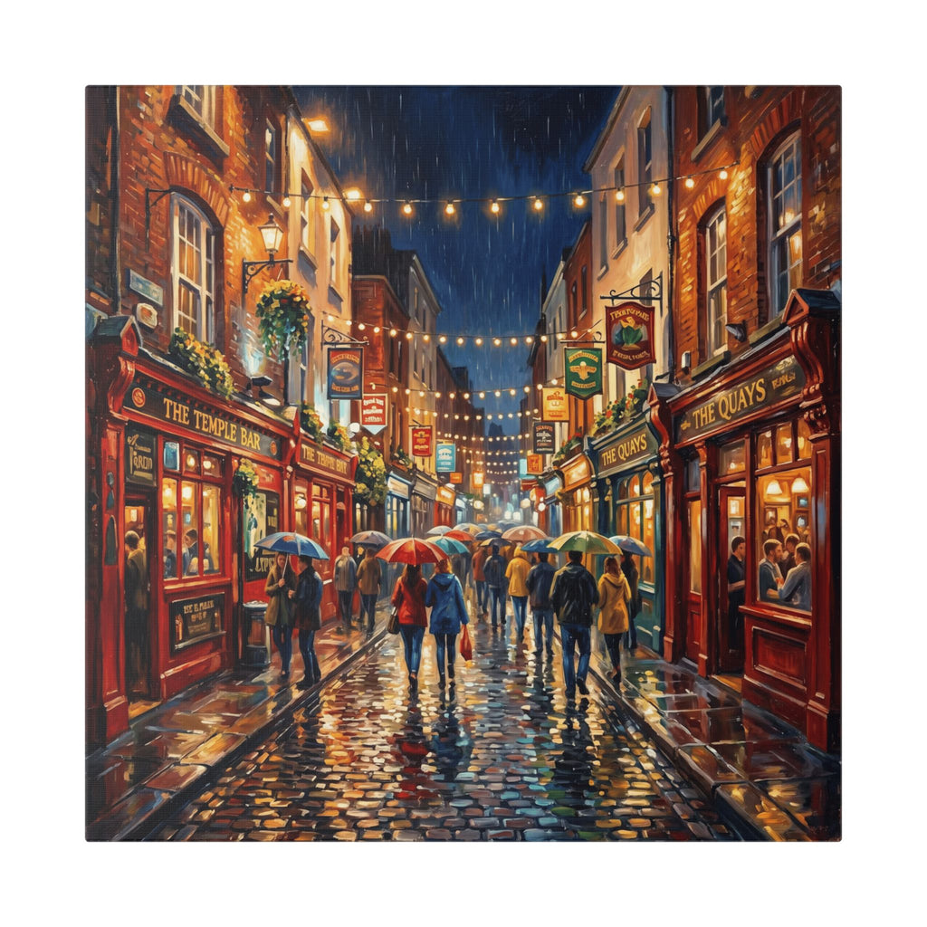 Temple Bar Dublin - Rainy City Street Canvas Wall Art - Cozy Evening Pub Scene Stretched Canvas
