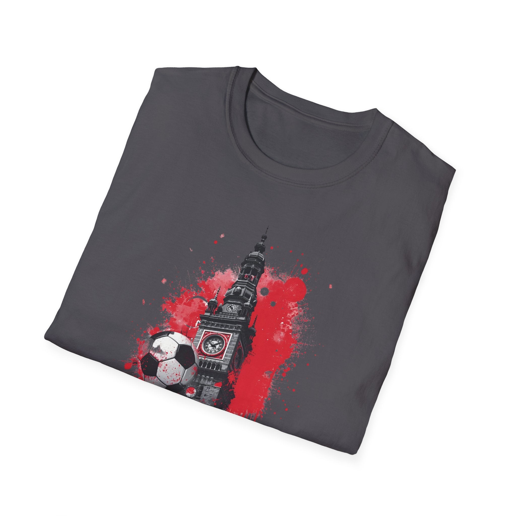 Munich Football Illustration T-Shirt | Soccer Ball, Clock Tower, Red Paint Splatter