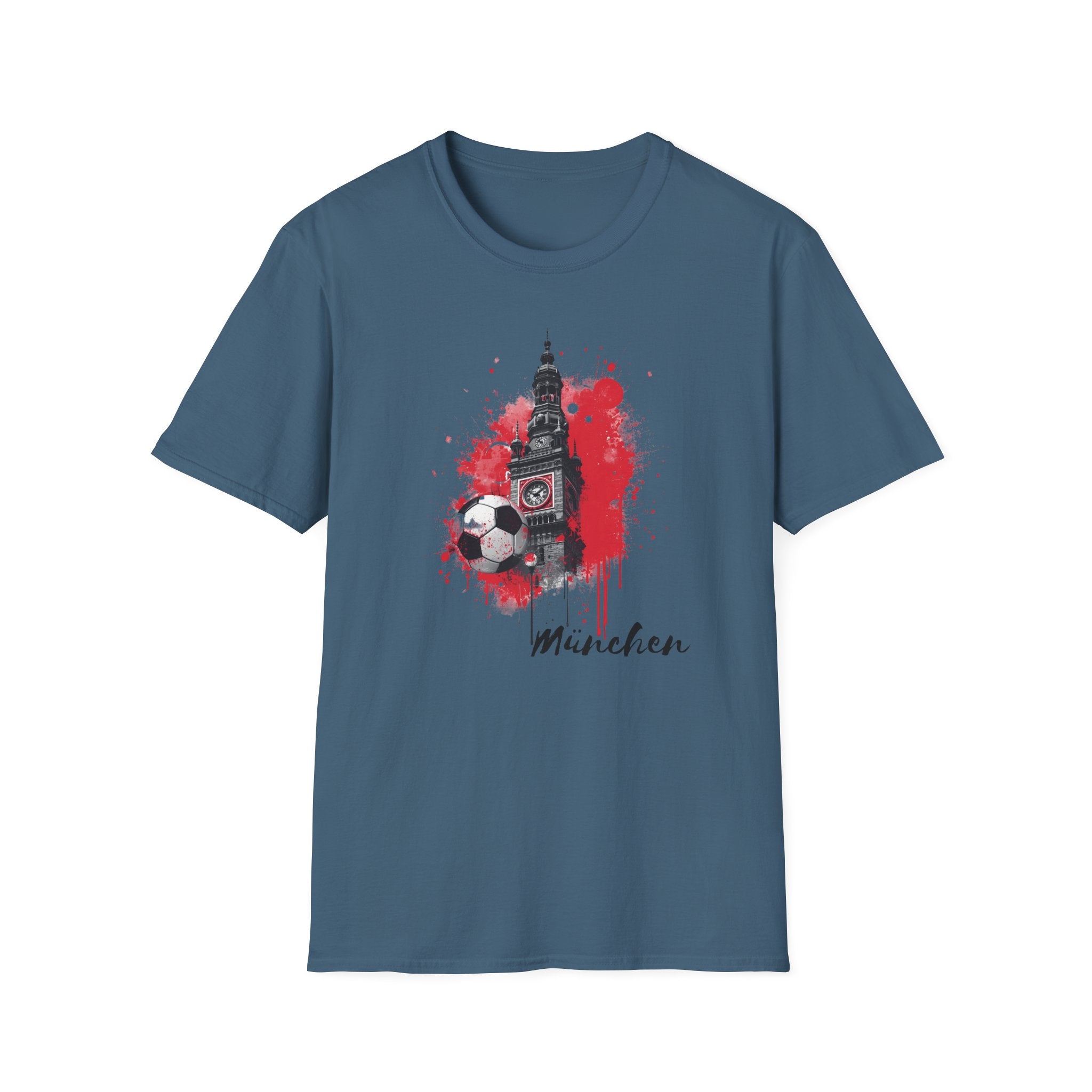 Munich Football Illustration T-Shirt | Soccer Ball, Clock Tower, Red Paint Splatter