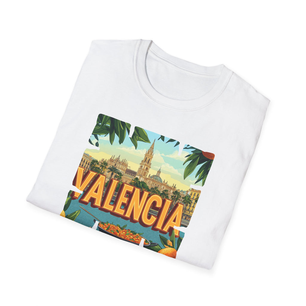 Valencia vintage travel postcard T-Shirt | Spain city skyline, oranges, palm leaves