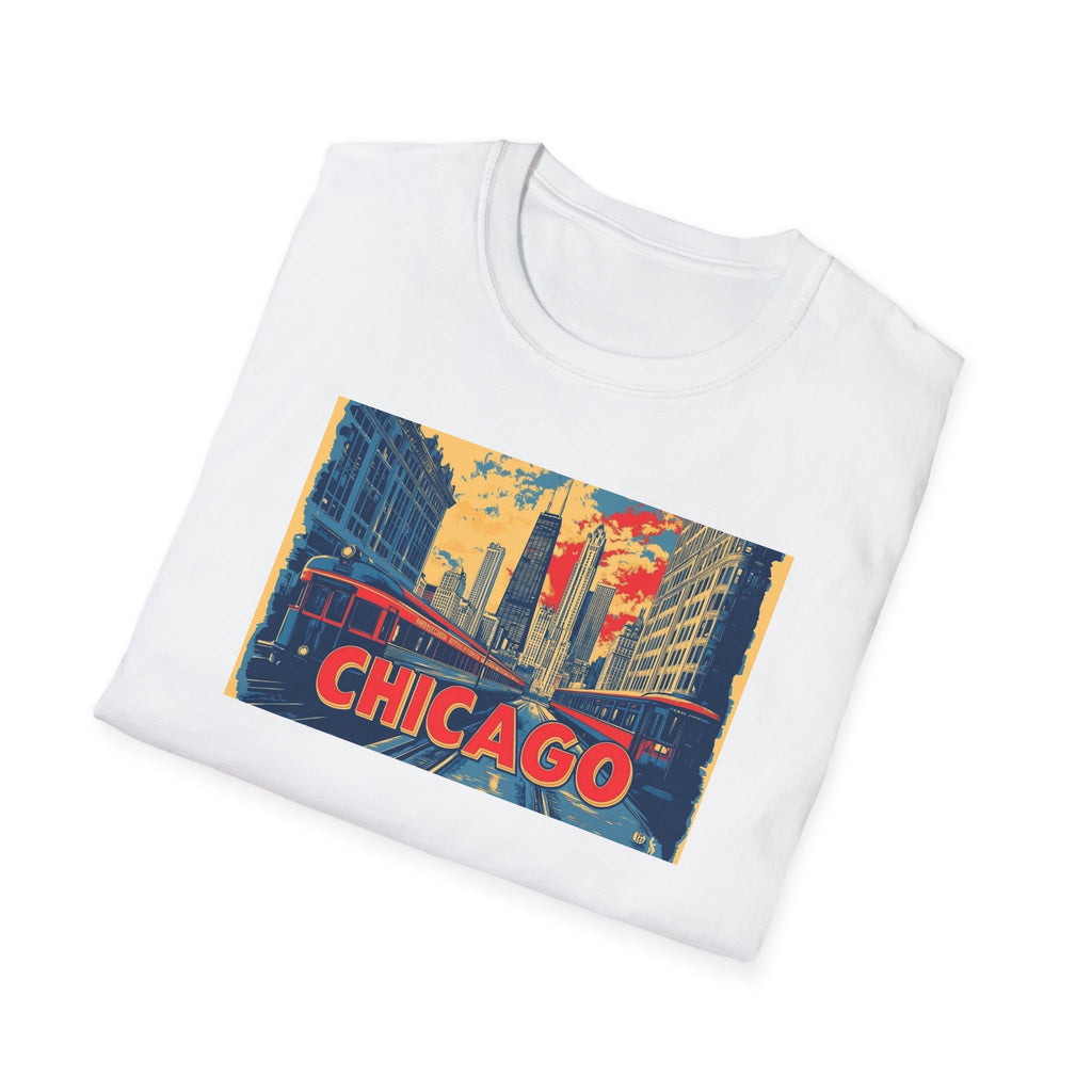 Chicago Cityscape T-Shirt | Vintage Skyline, El Train Poster Style