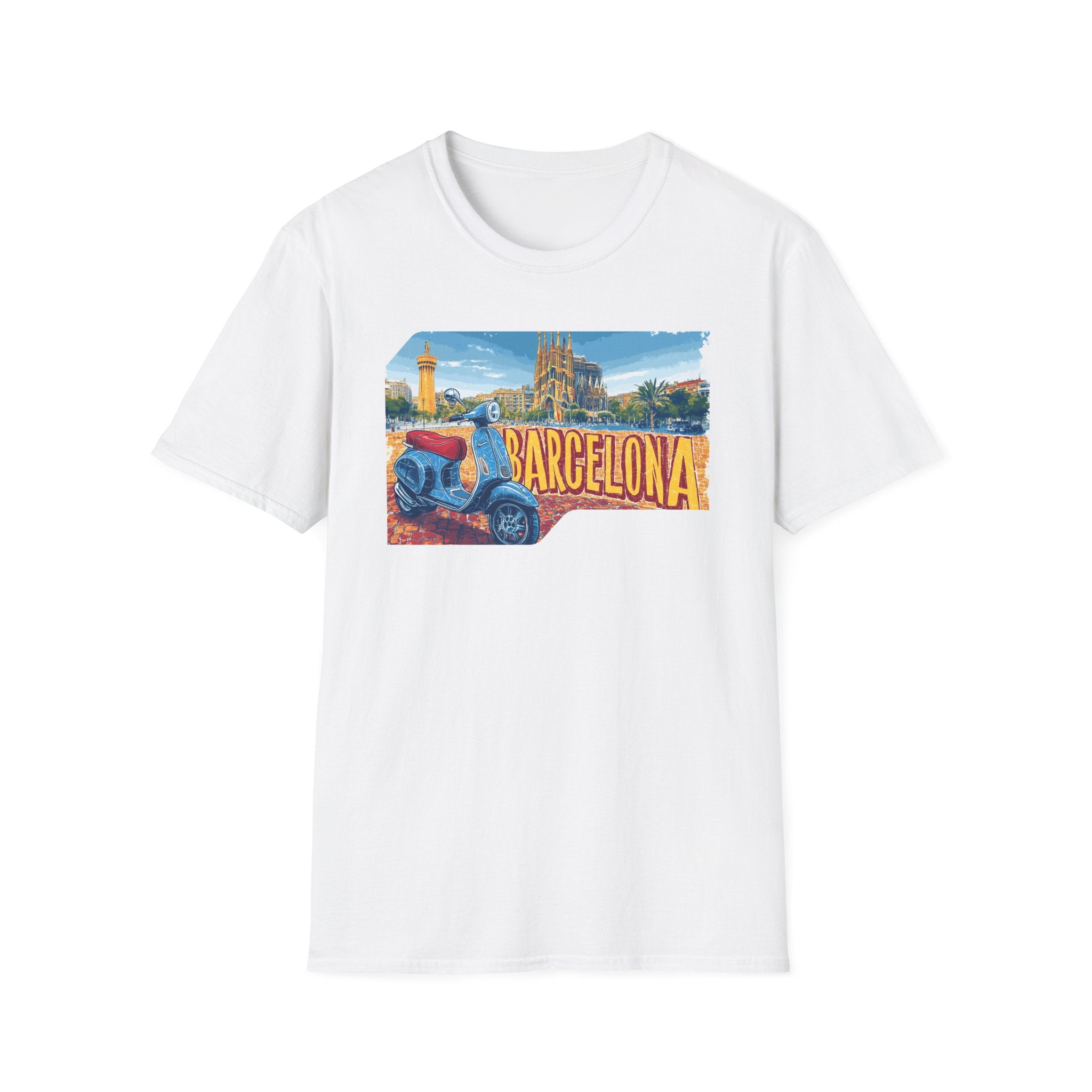 Barcelona Vintage Scooter T-Shirt | City Skyline Travel Souvenir