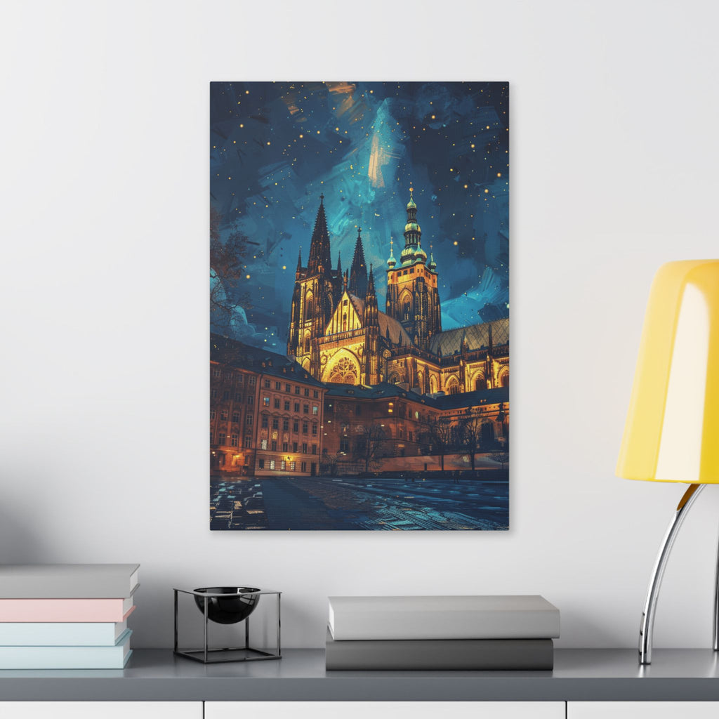 Prague Cathedral Night Skyline Stretched Canvas — Starry Urban Architecture Wall Art