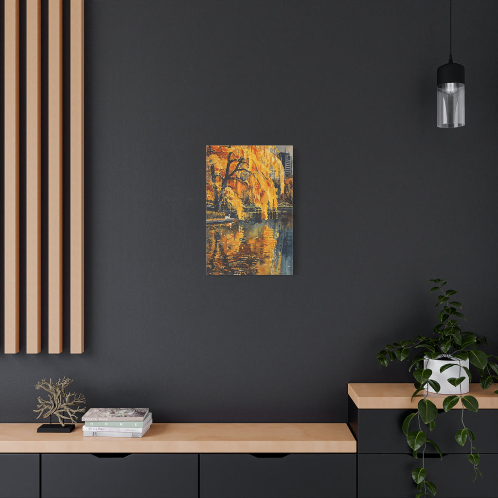 Boston Skyline with Hancock Tower in the background -Autumn Cityscape Canvas - Golden Willow Lake Stretched Wall Art