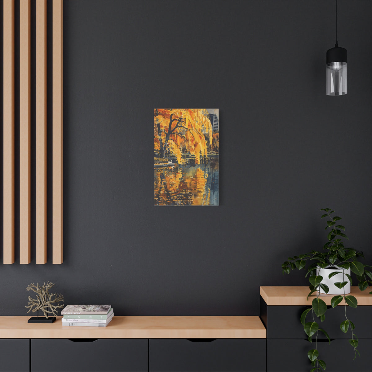 Boston Skyline with Hancock Tower in the background -Autumn Cityscape Canvas - Golden Willow Lake Stretched Wall Art