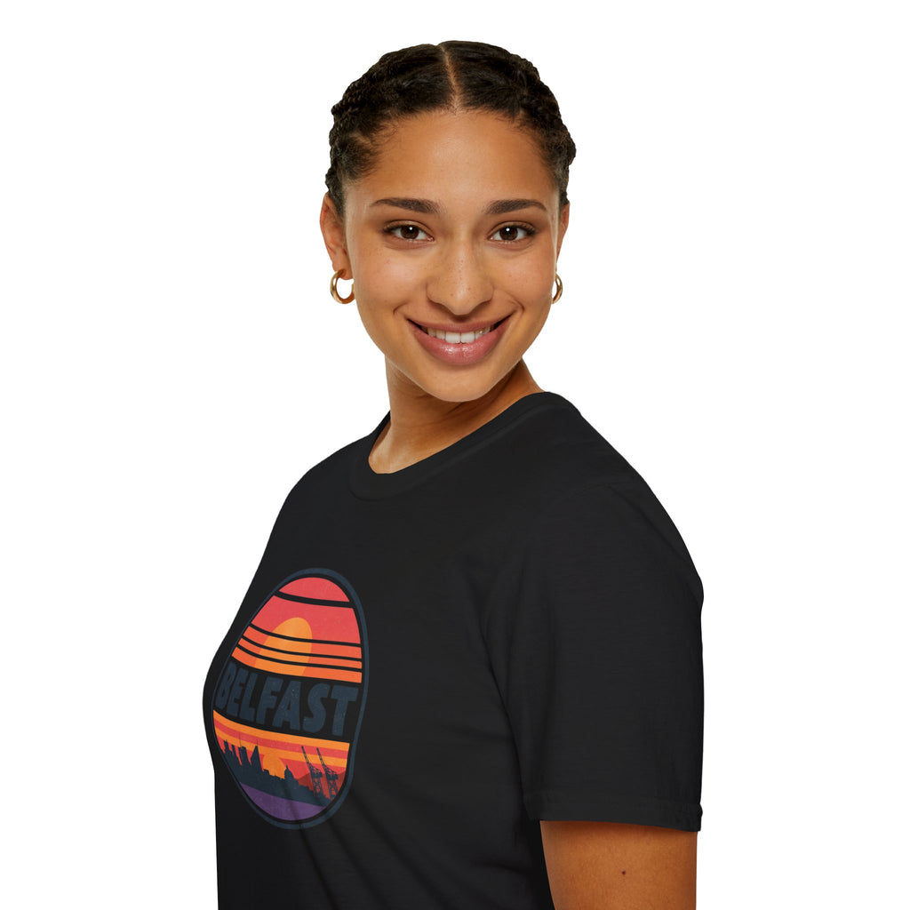 Belfast Sunset T-Shirt — Retro Skyline Graphic Tee