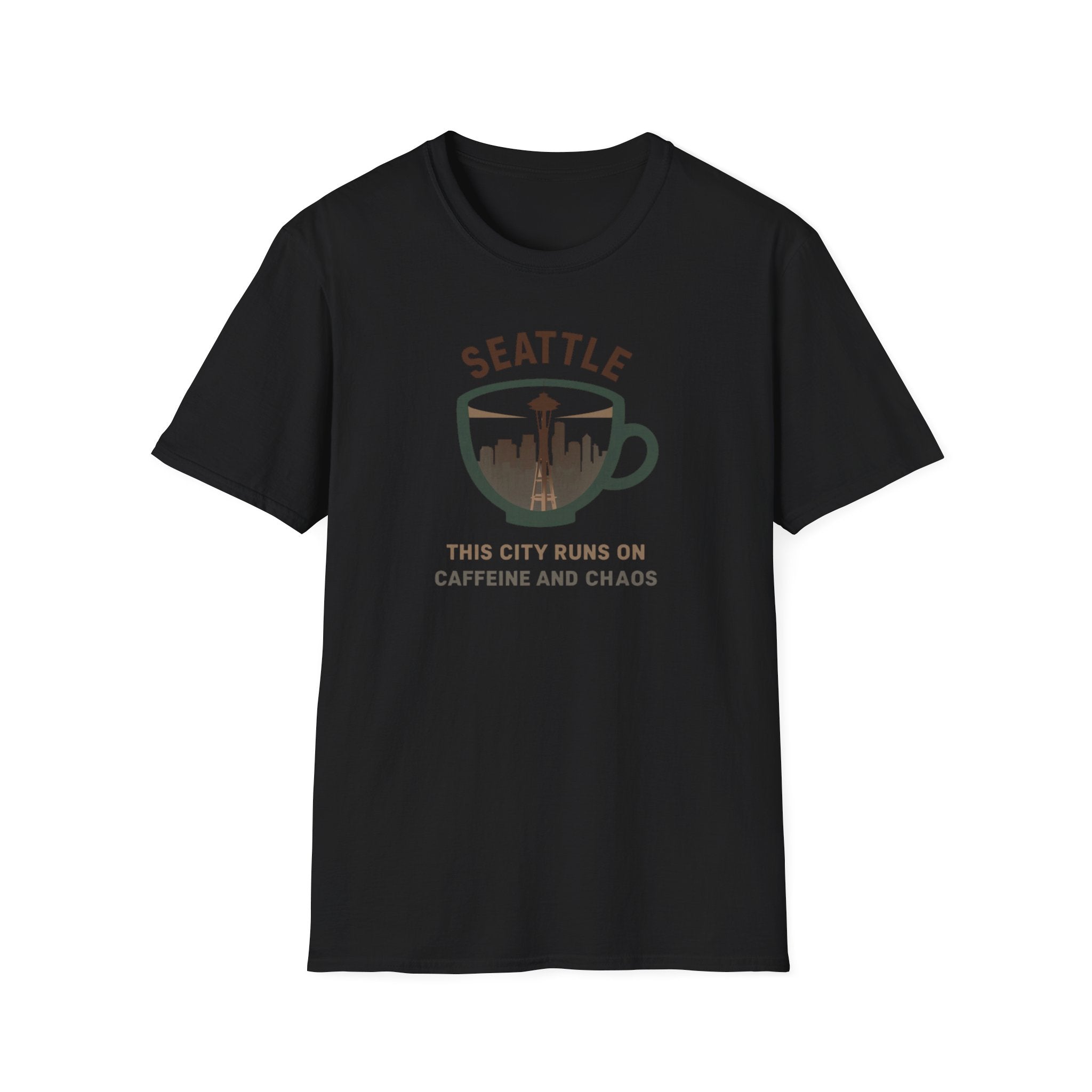 Seattle Coffee City T-Shirt — "This City Runs on Caffeine and Chaos"