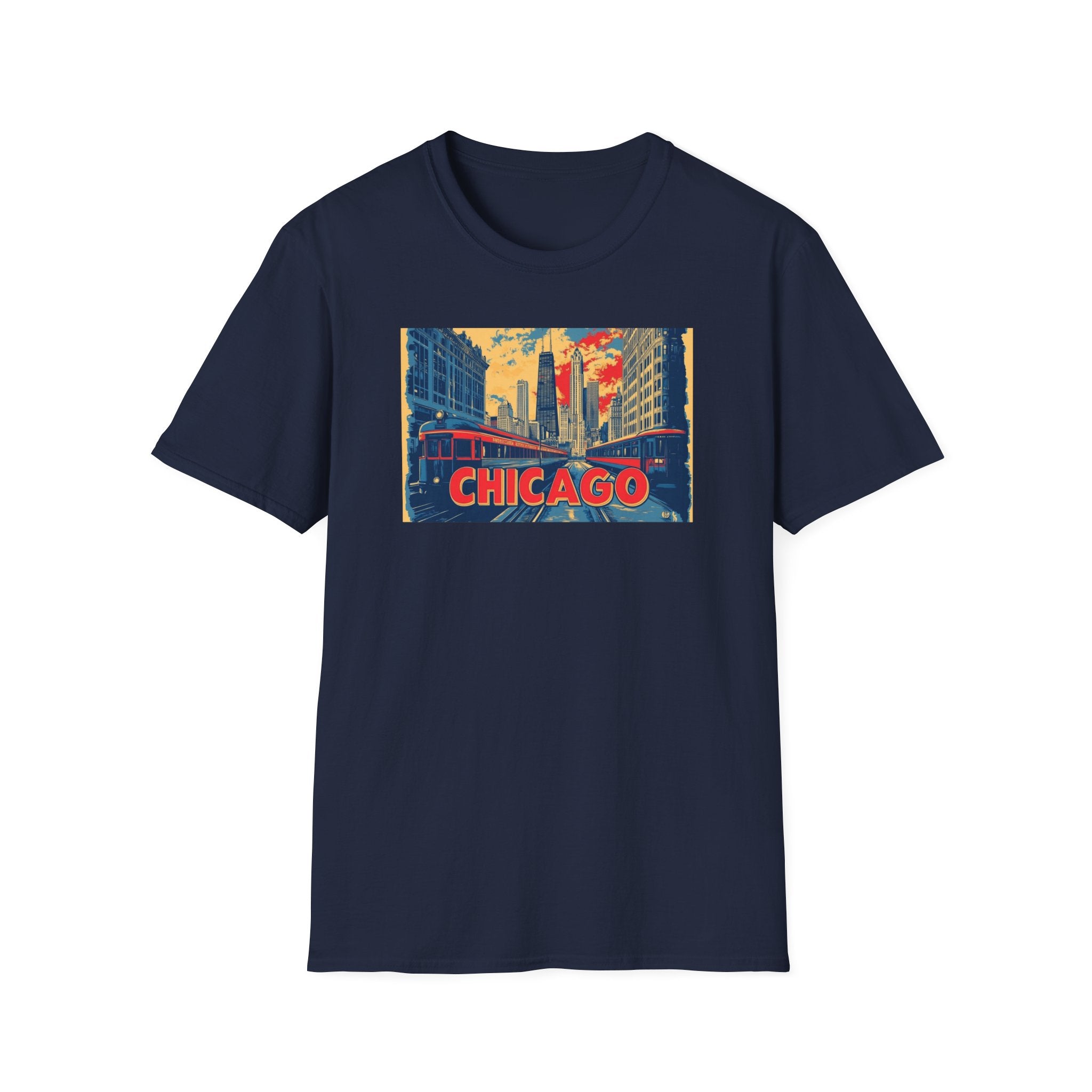 Chicago Cityscape T-Shirt | Vintage Skyline, El Train Poster Style
