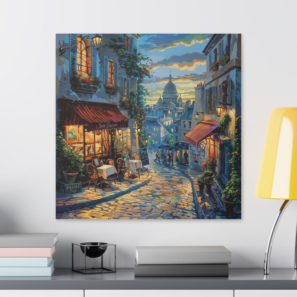 Paris Evening Street Canvas Wall Art — Cozy Café Cityscape Stretched Canvas
