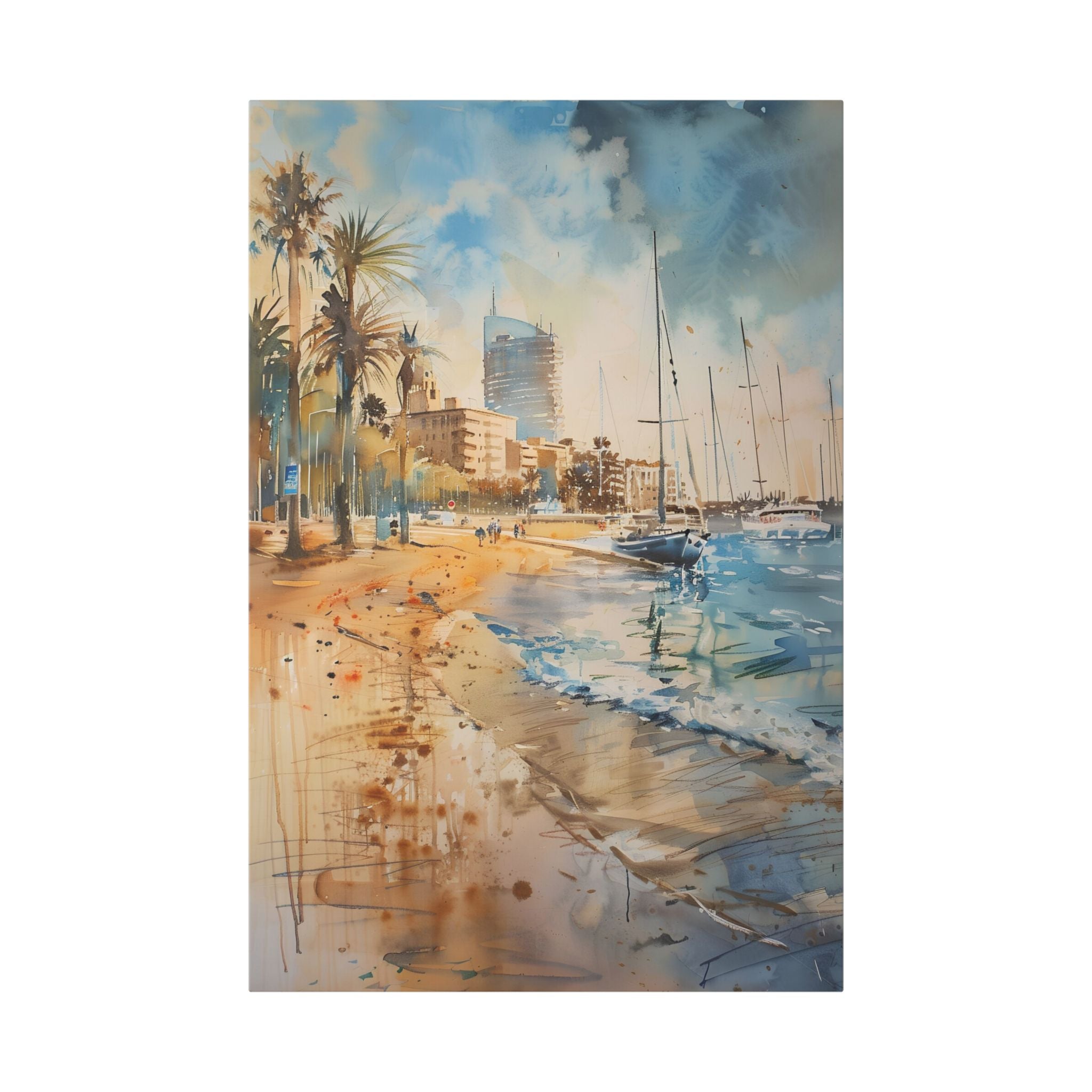 Barcelona Harbour - Mediterranean Seaside Palm Beach Canvas — Coastal Watercolor Stretched Wall Art