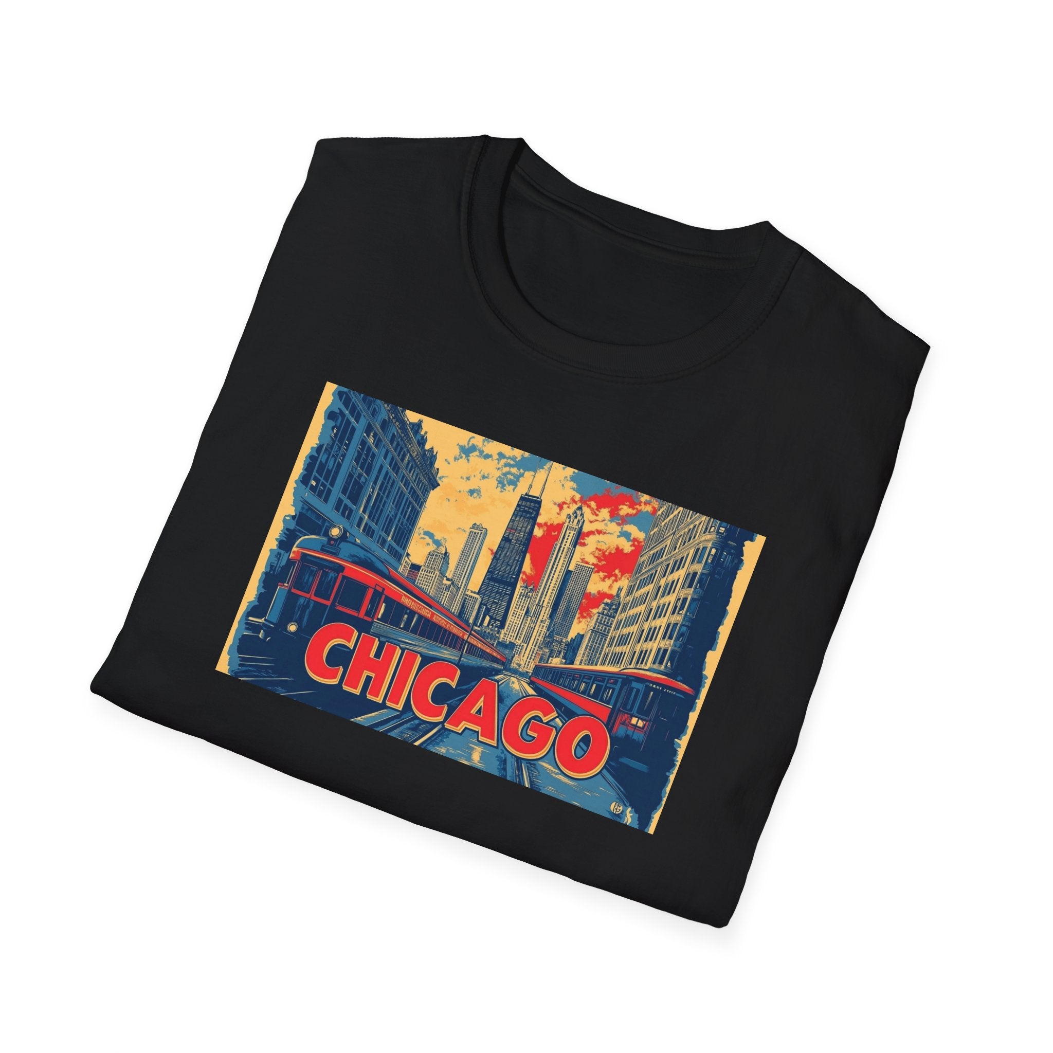 Chicago Cityscape T-Shirt | Vintage Skyline, El Train Poster Style