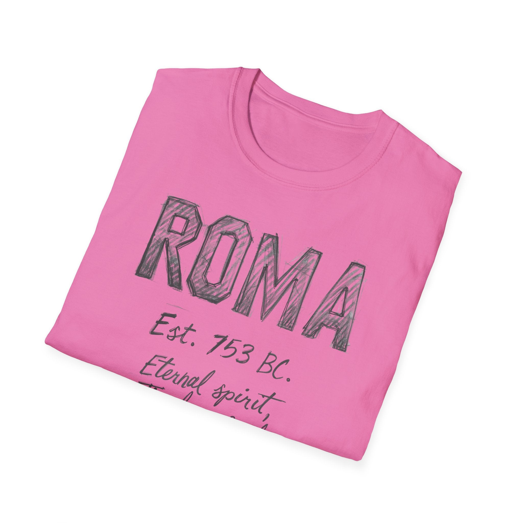 Roma Vintage Script T-Shirt — 'Roma Est. 753 BC, Eternal spirit, Timeless soul'