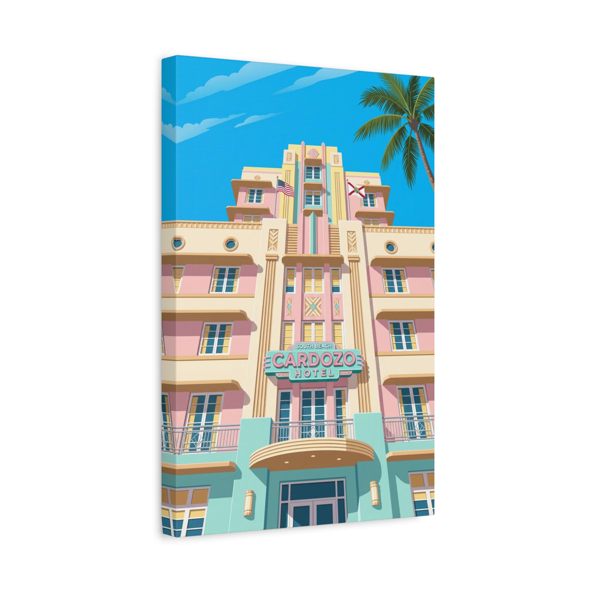 Art Deco Beach Hotel Canvas — Miami Palm Retro Stretched Wall Art
