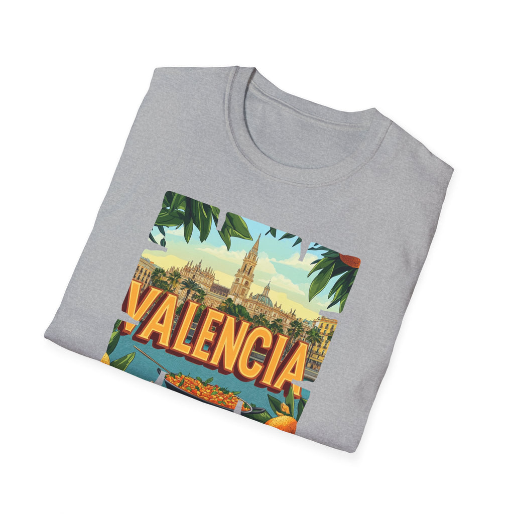 Valencia vintage travel postcard T-Shirt | Spain city skyline, oranges, palm leaves