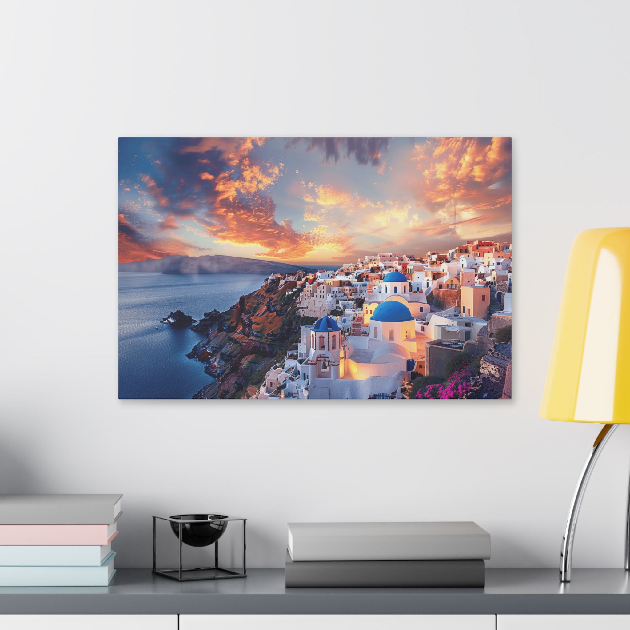 Santorini Sunset Canvas Wall Art — Mediterranean Seaside Landscape Print