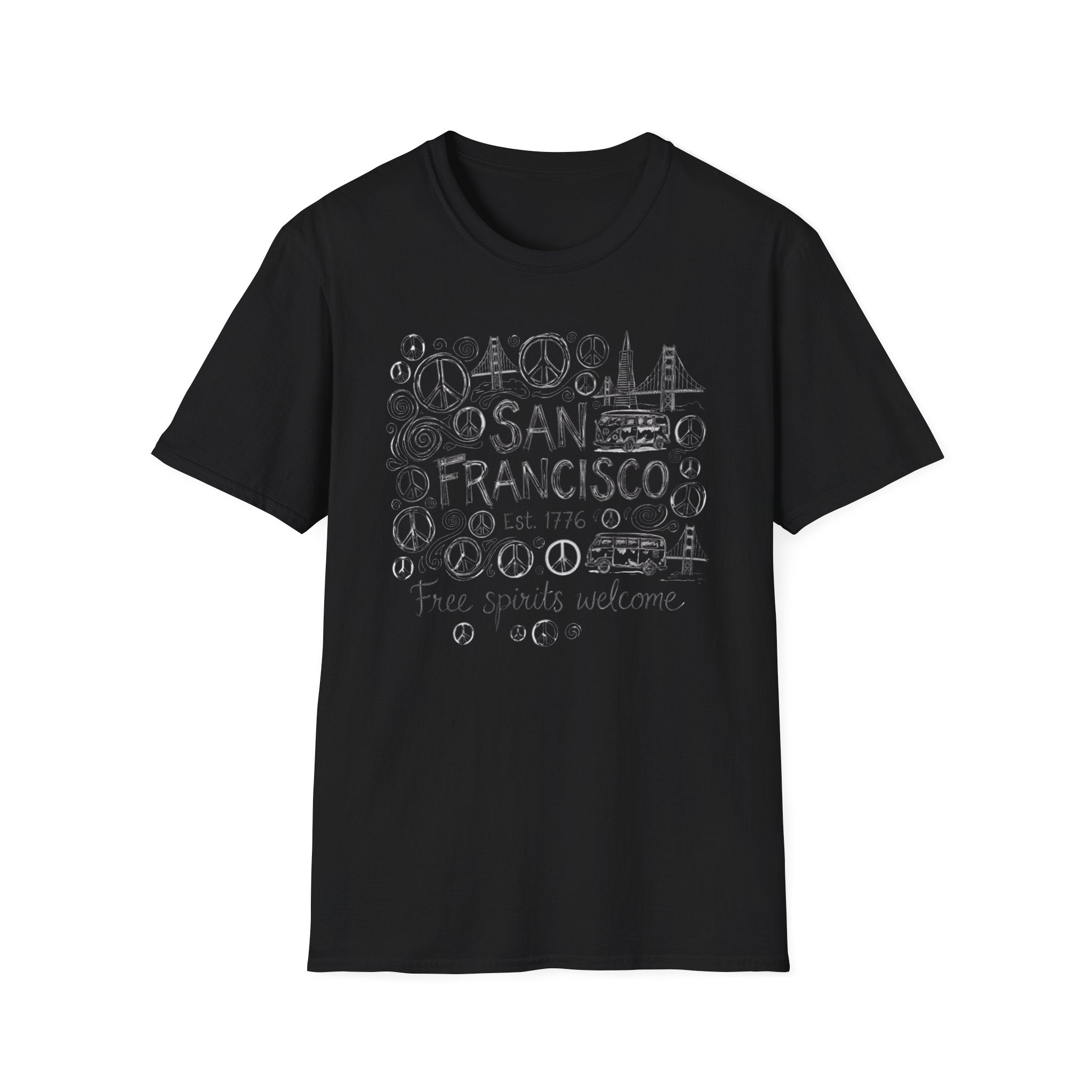 San Francisco Doodle T-Shirt – 'Free Spirits Welcome' Vintage City Sketch Tee