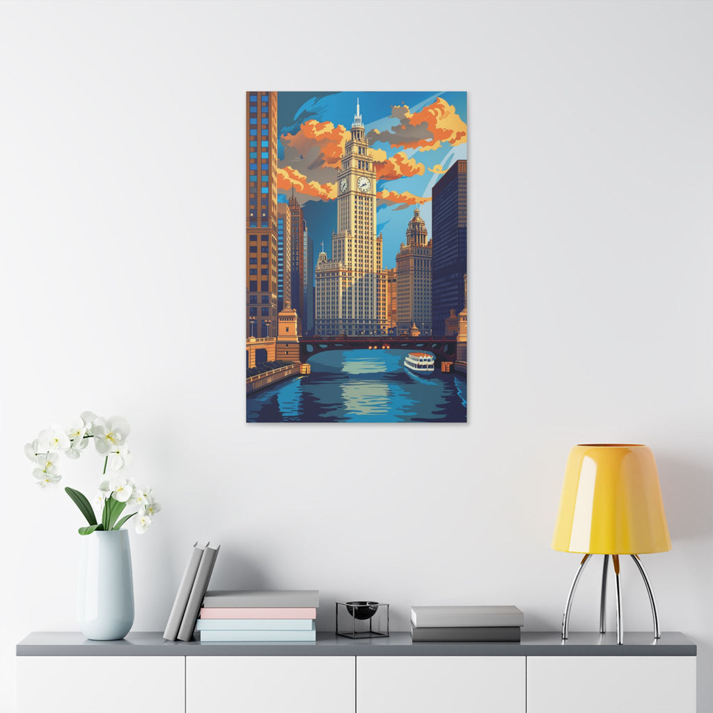 Chicago River Skyline Stretched Canvas — Vintage Cityscape Wall Art