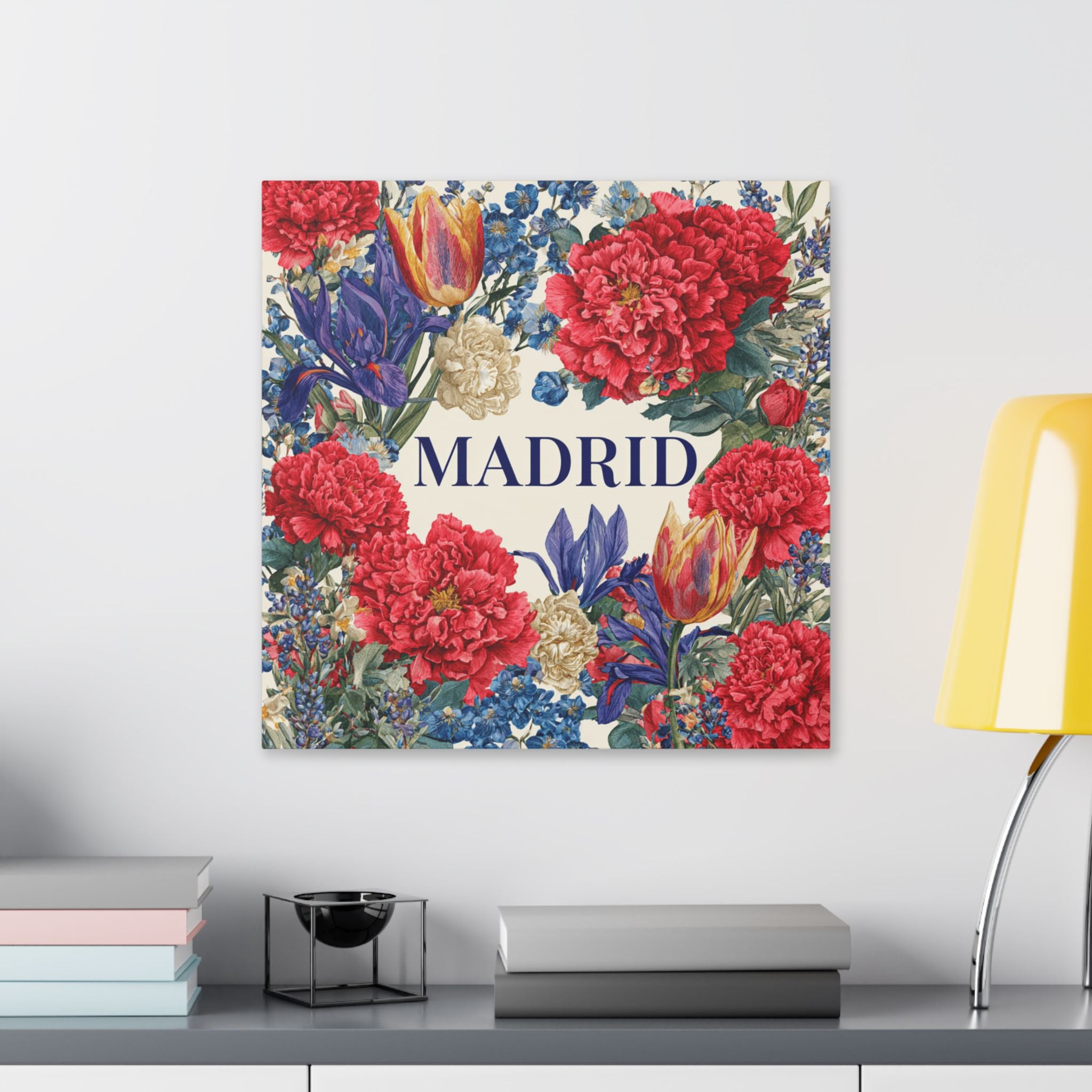 Madrid Floral Canvas Wall Art — Vintage Red & Blue Bouquet Stretched Canvas