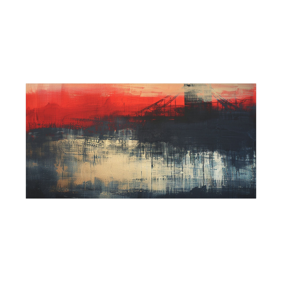 Abstract London Bridge Canvas Wall Art – Red & Navy Stretched Painting