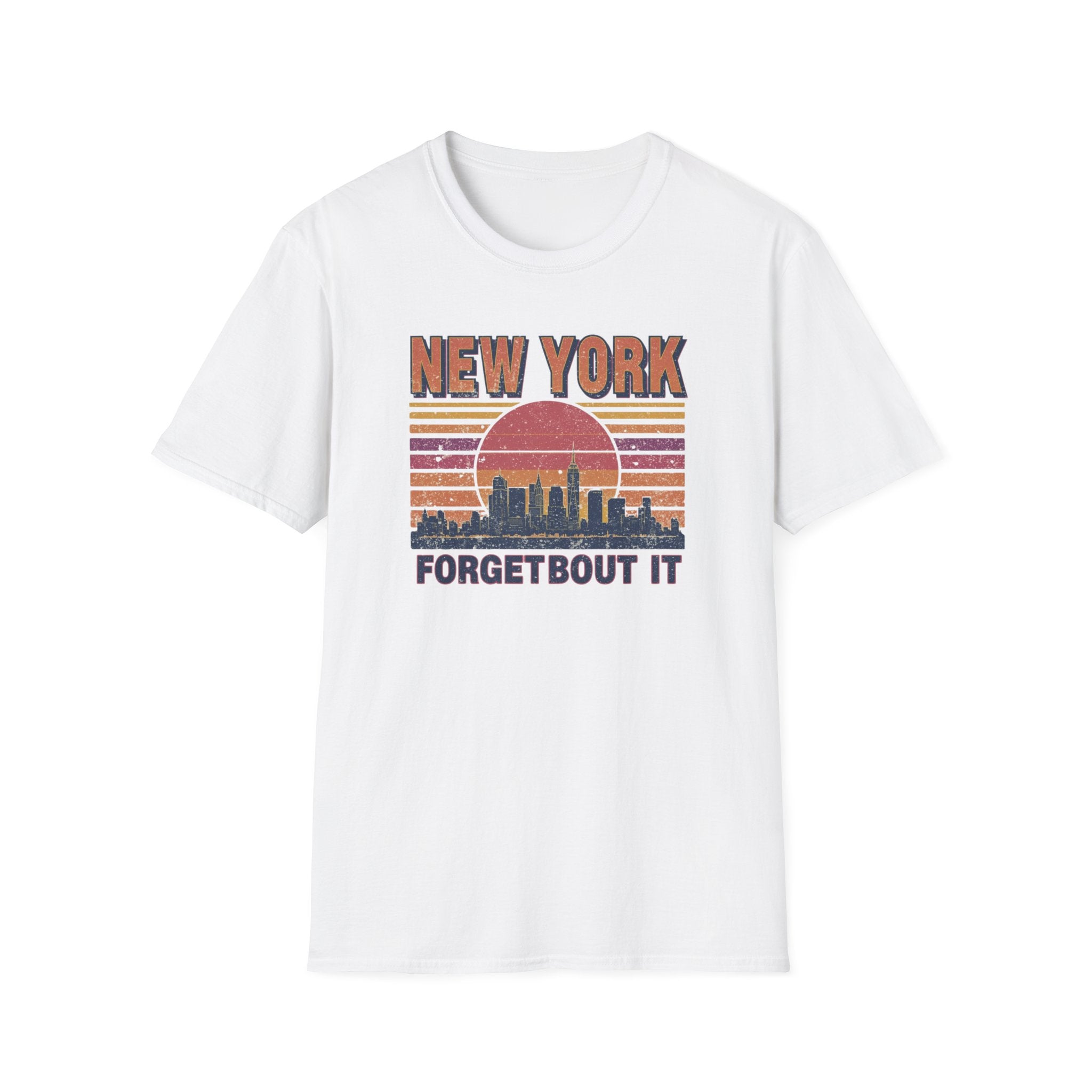 New York Skyline T‑Shirt – “Forgetbout It” Vintage Sunset Tee