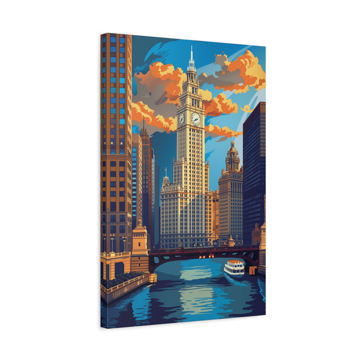 Chicago River Skyline Stretched Canvas — Vintage Cityscape Wall Art