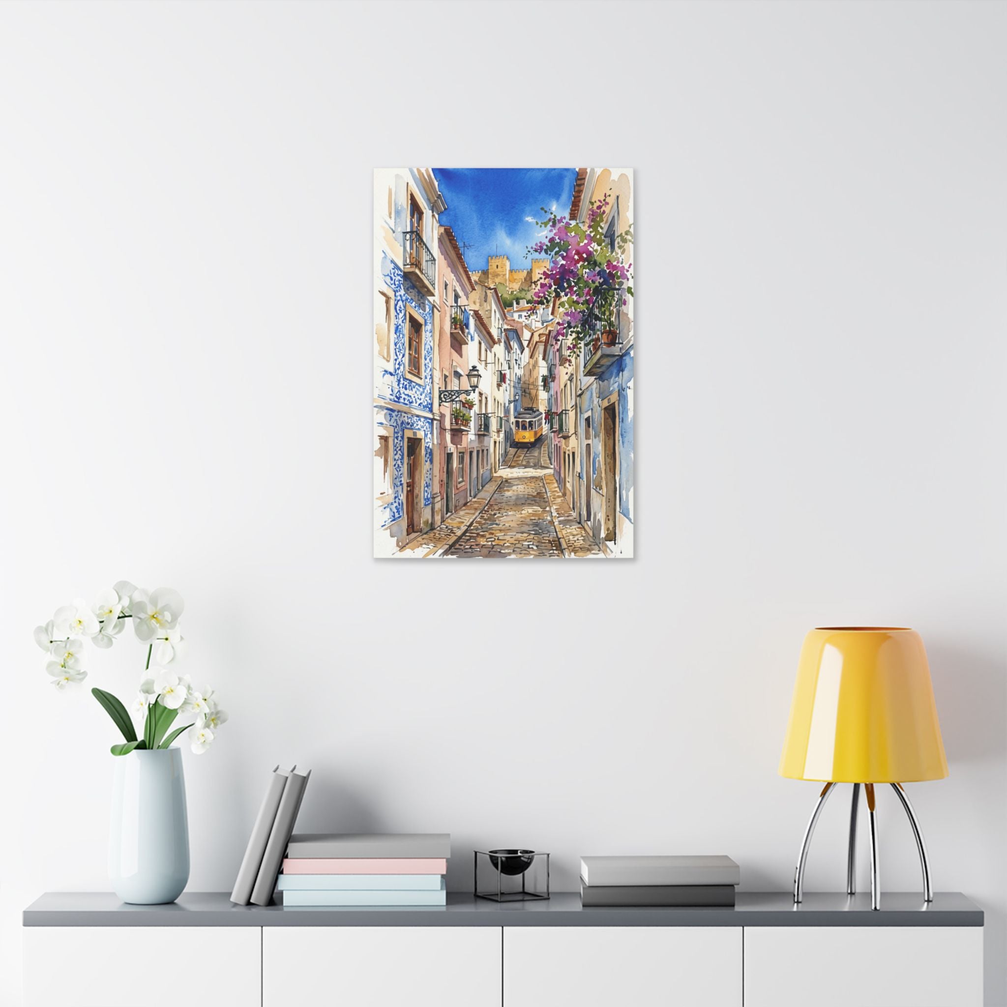 Lisbon Street Watercolor Canvas Print — Classic European Alley Travel Wall Art