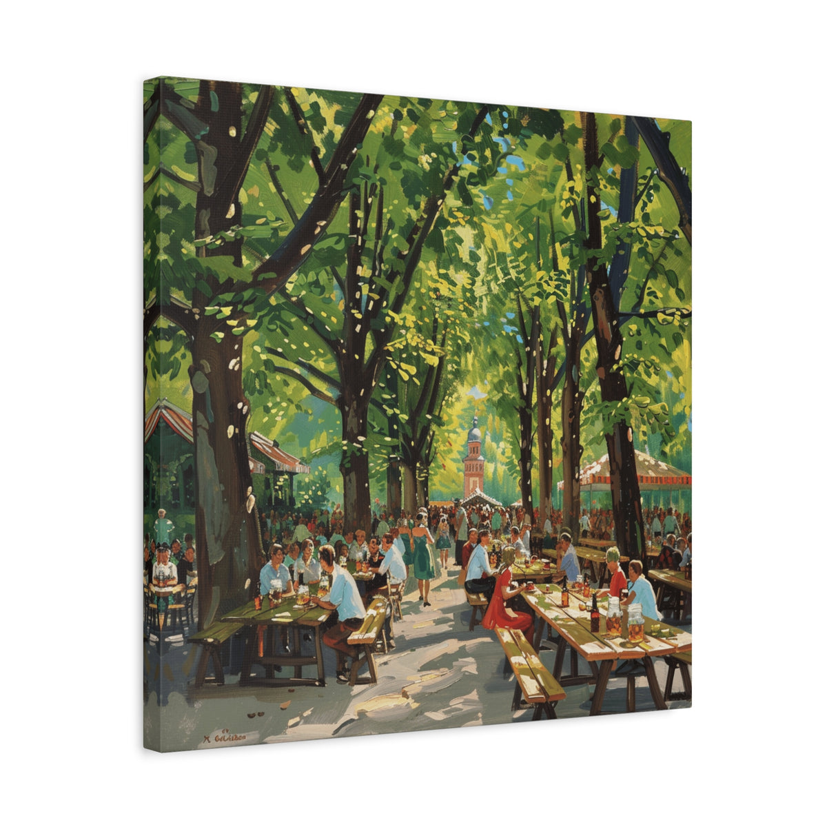 Biergarten Canvas Wall Art — Sunny Tree-Lined Outdoor Market Scene