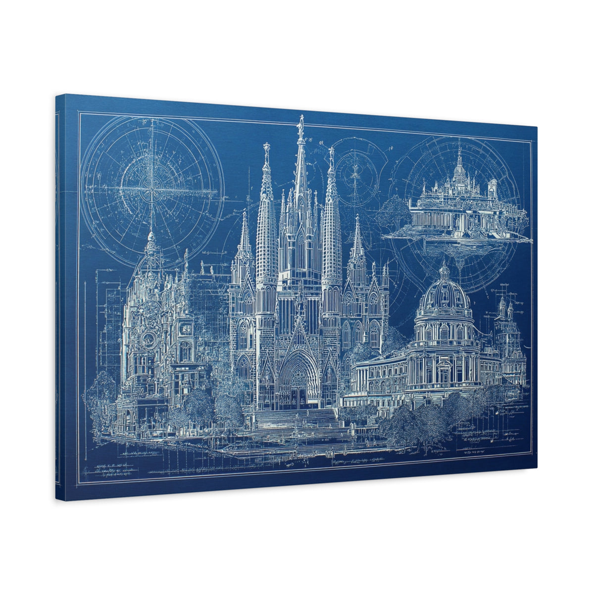 Blueprint Barcelona Canvas Print — Architectural Wall Art, Blueprint / Engraving HORIZONTAL landmarks, Sagrada Família, Park Güell, Casa Batlló