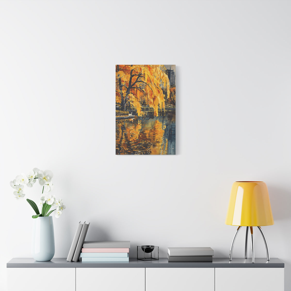 Boston Skyline with Hancock Tower in the background -Autumn Cityscape Canvas - Golden Willow Lake Stretched Wall Art