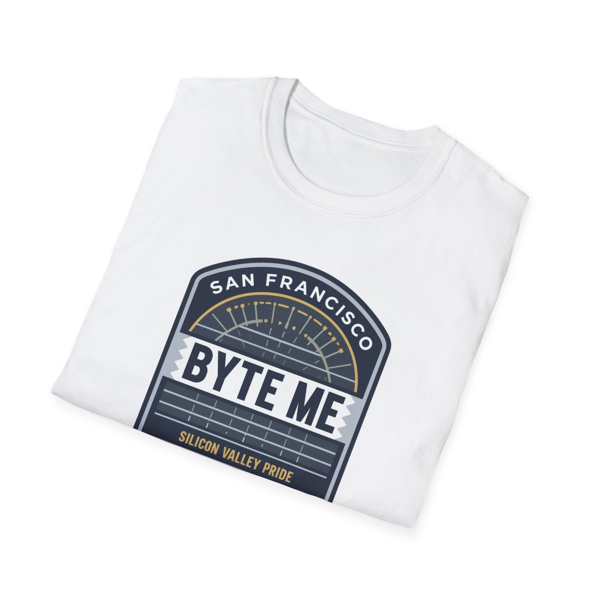 Byte Me San Francisco T-Shirt — Retro Tech Badge Tee (01010)