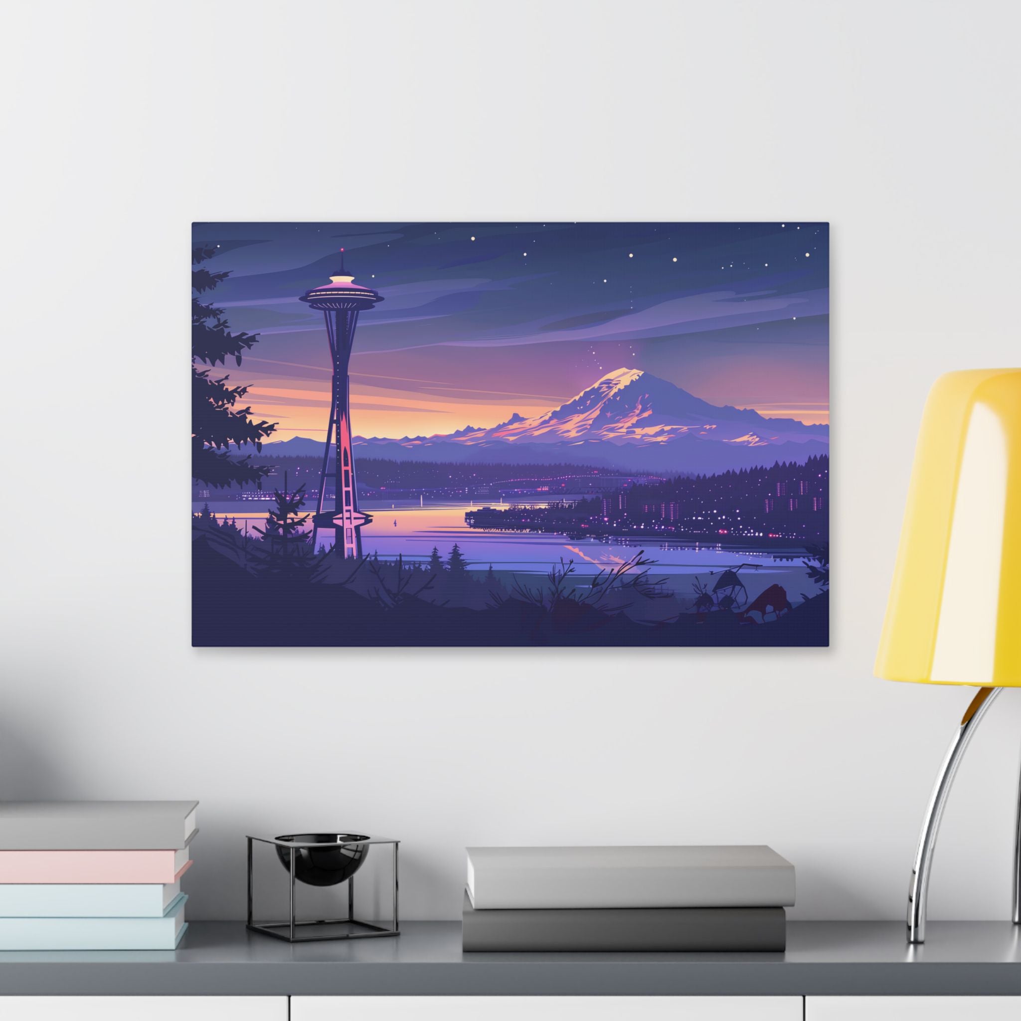 Seattle Sunset Canvas Wall Art — Space Needle & Mount Rainier Landscape Print