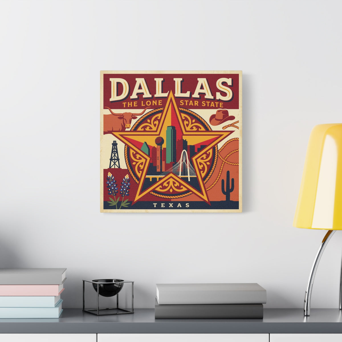 Dallas Lone Star Vintage Canvas Wall Art — Texas Skyline & Western Icons