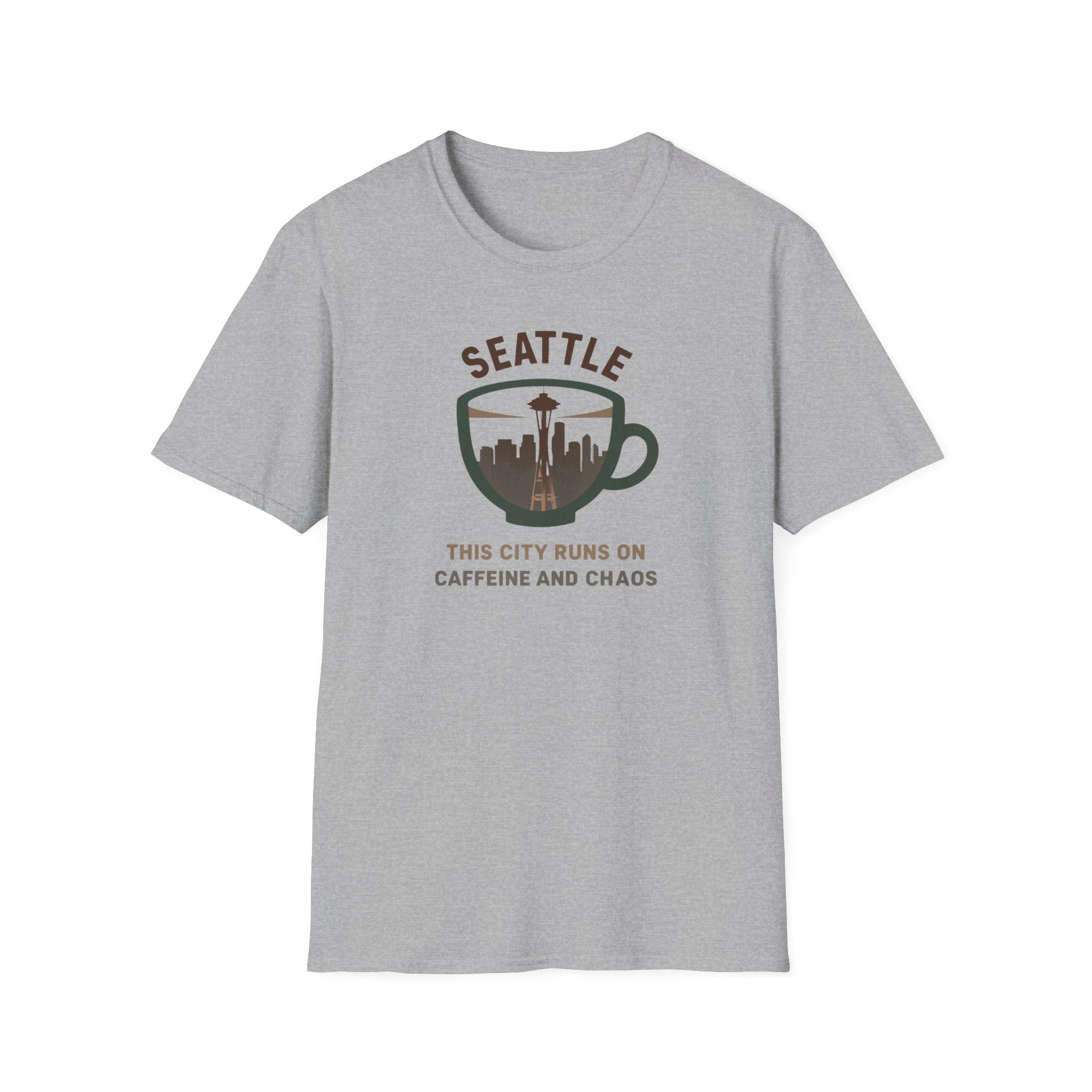Seattle Coffee City T-Shirt — "This City Runs on Caffeine and Chaos"