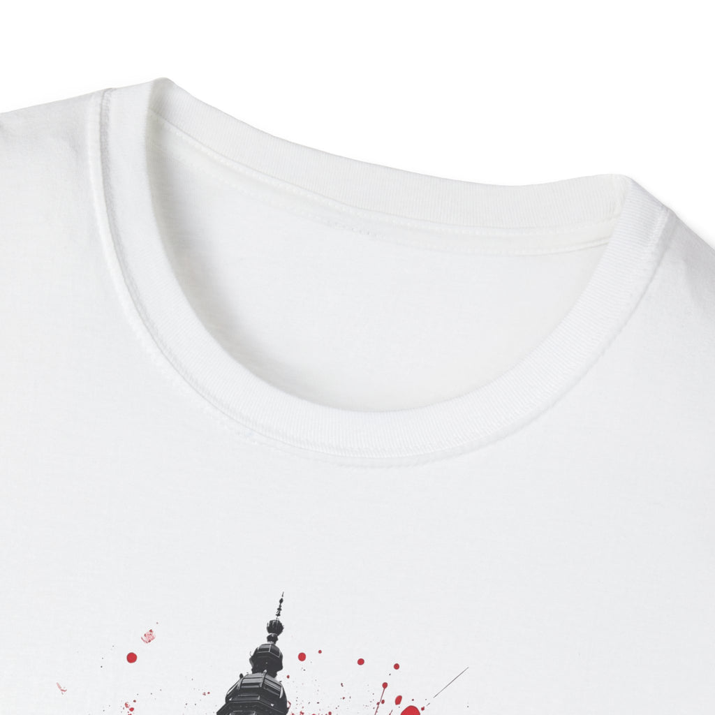Munich Football Illustration T-Shirt | Soccer Ball, Clock Tower, Red Paint Splatter