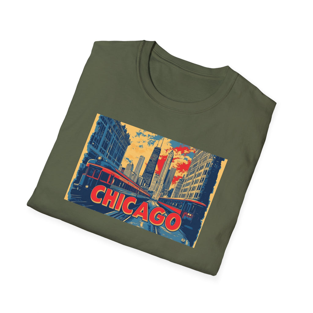 Chicago Cityscape T-Shirt | Vintage Skyline, El Train Poster Style