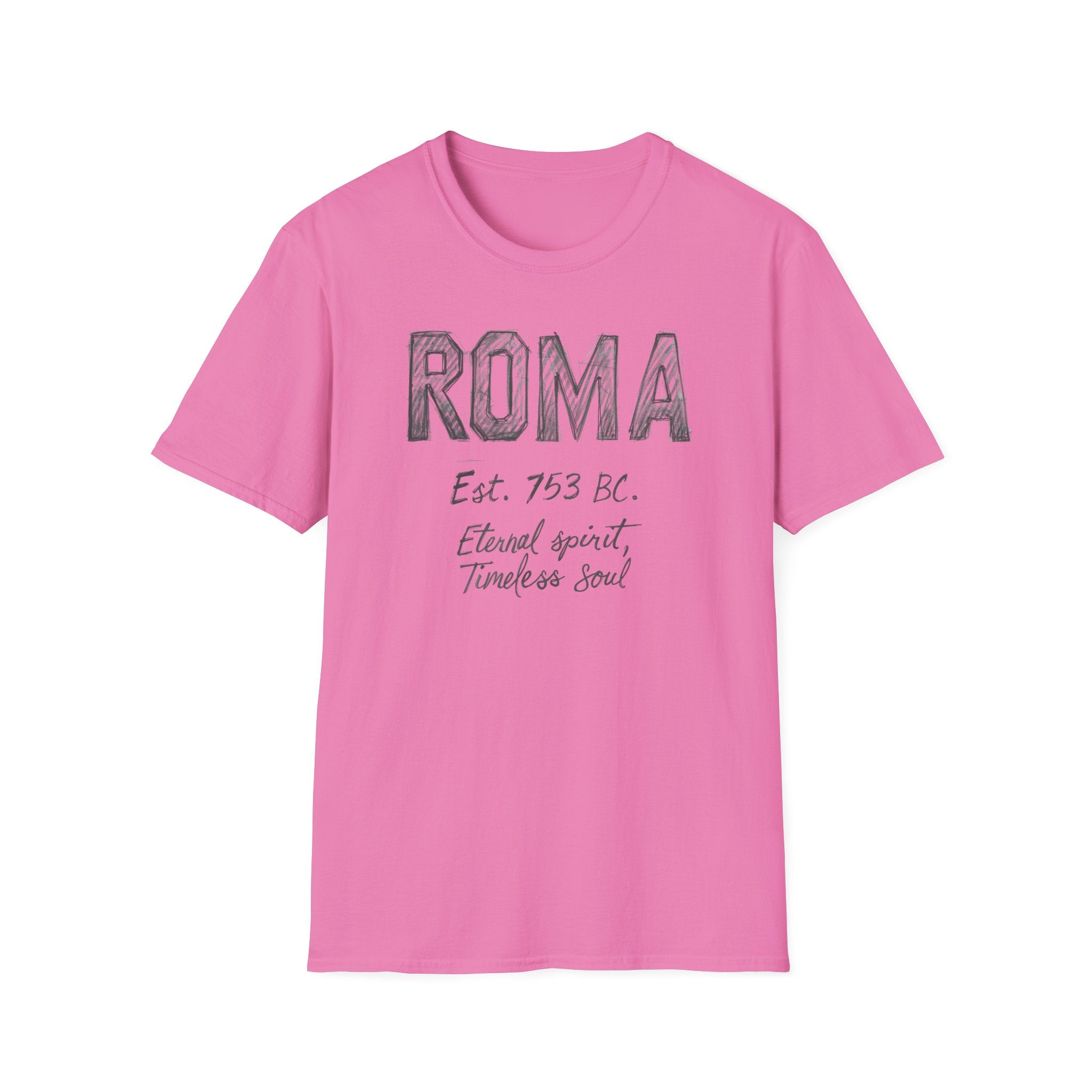 Roma Vintage Script T-Shirt — 'Roma Est. 753 BC, Eternal spirit, Timeless soul'