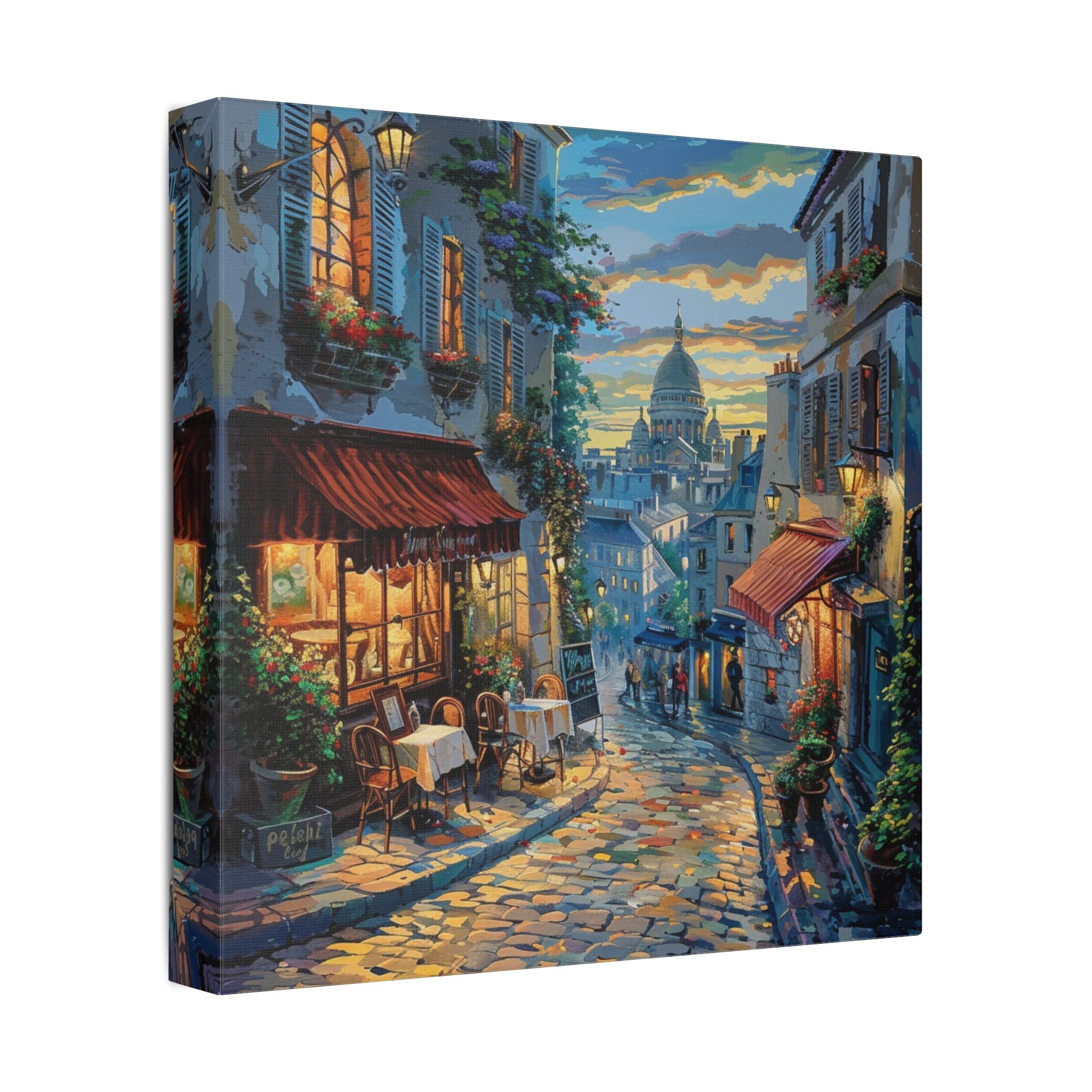 Paris Evening Street Canvas Wall Art — Cozy Café Cityscape Stretched Canvas