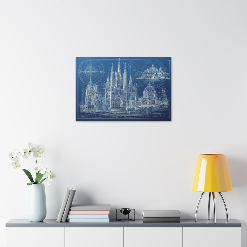 Blueprint Barcelona Canvas Print — Architectural Wall Art, Blueprint / Engraving HORIZONTAL landmarks, Sagrada Família, Park Güell, Casa Batlló