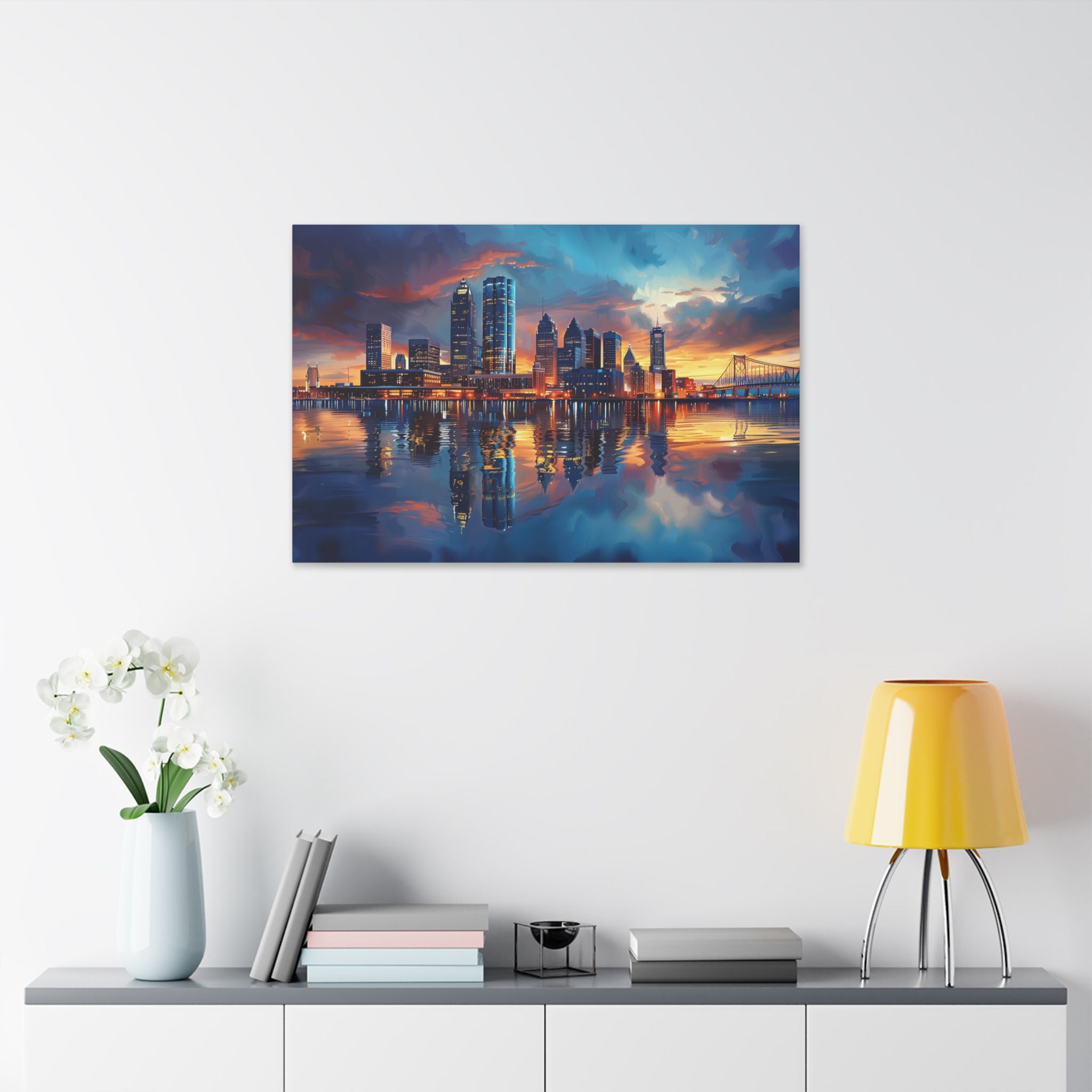 Detroit Skyline - Detroit River - Ambassador Bridge - Cityscape Reflection Canvas Print — Vibrant Skyline Wall Art